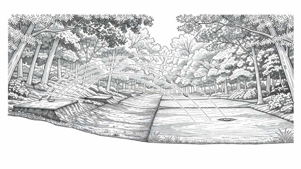 Cross-section drawing of a disc golf corridor with tee, flight paths, canopy and landing area