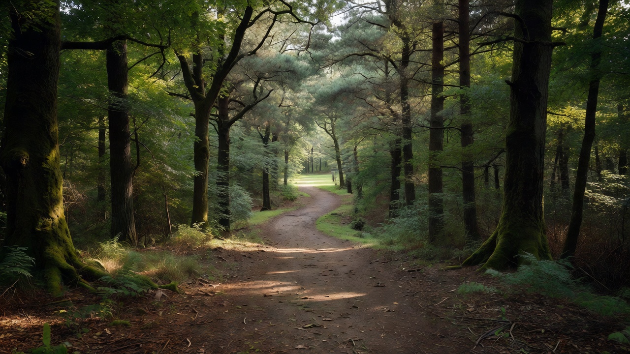Narrow woodland disc golf corridor with a visible landing area