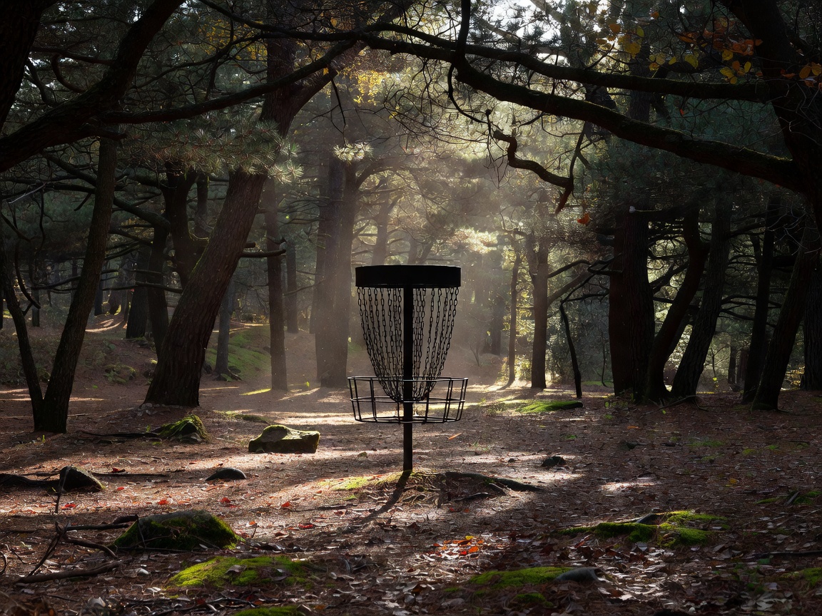 Disc golf basket silhouetted against a quiet forest clearing