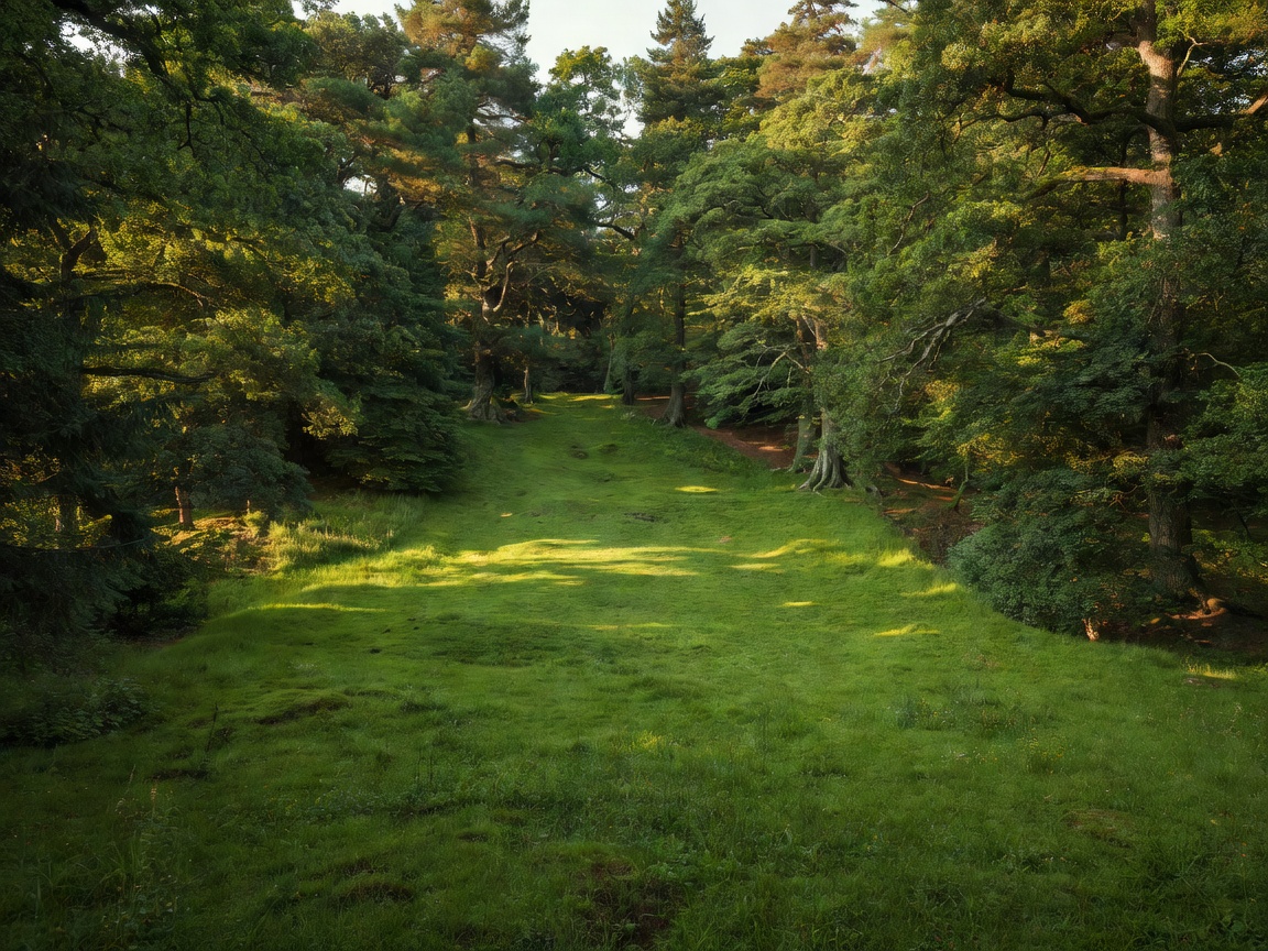 Sloping grassy clearing bordered by dense woodland