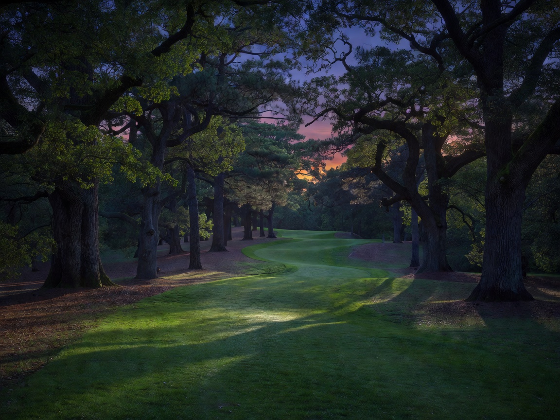 Shadowed woodland fairway curving through mature trees at dusk