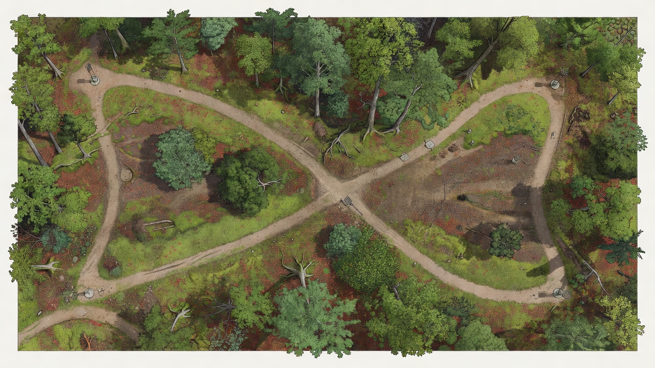 Annotated woodland course route showing tees, baskets, walking connections and crossing points
