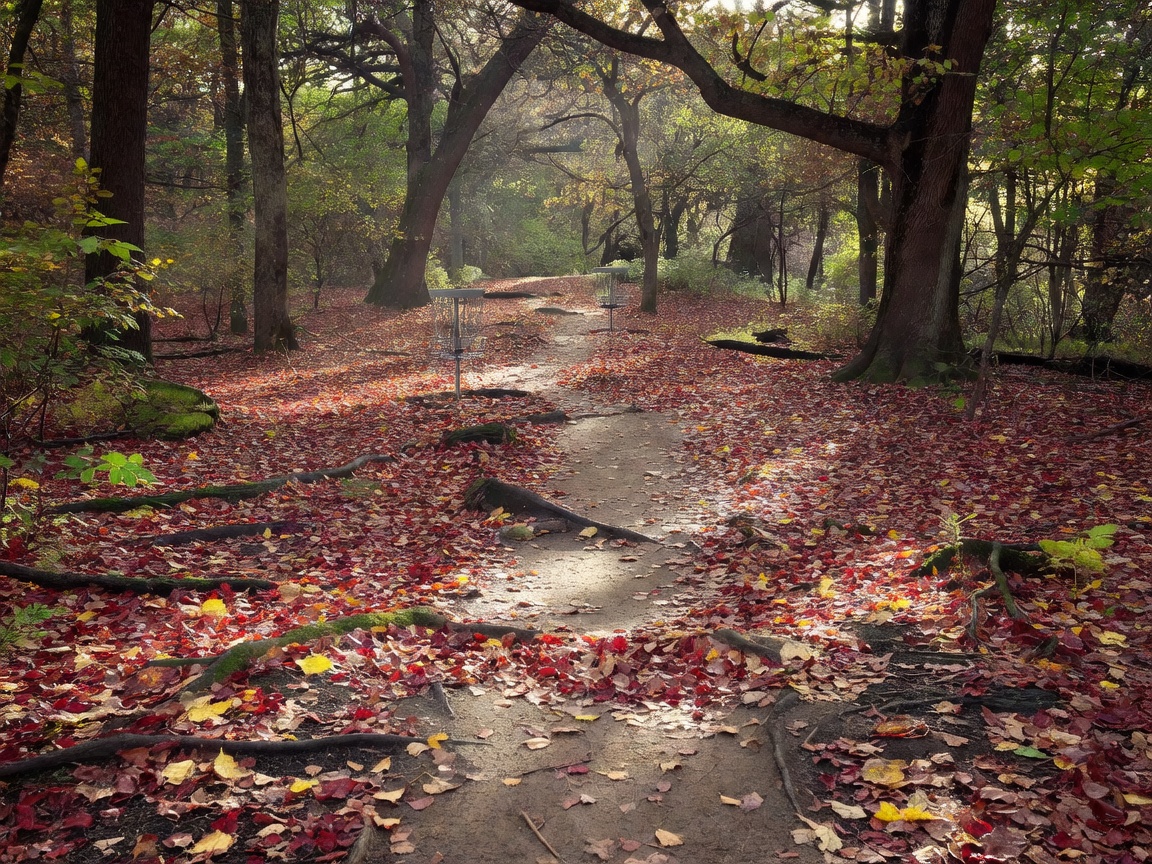 Leaf-covered path connecting two disc golf holes through woodland