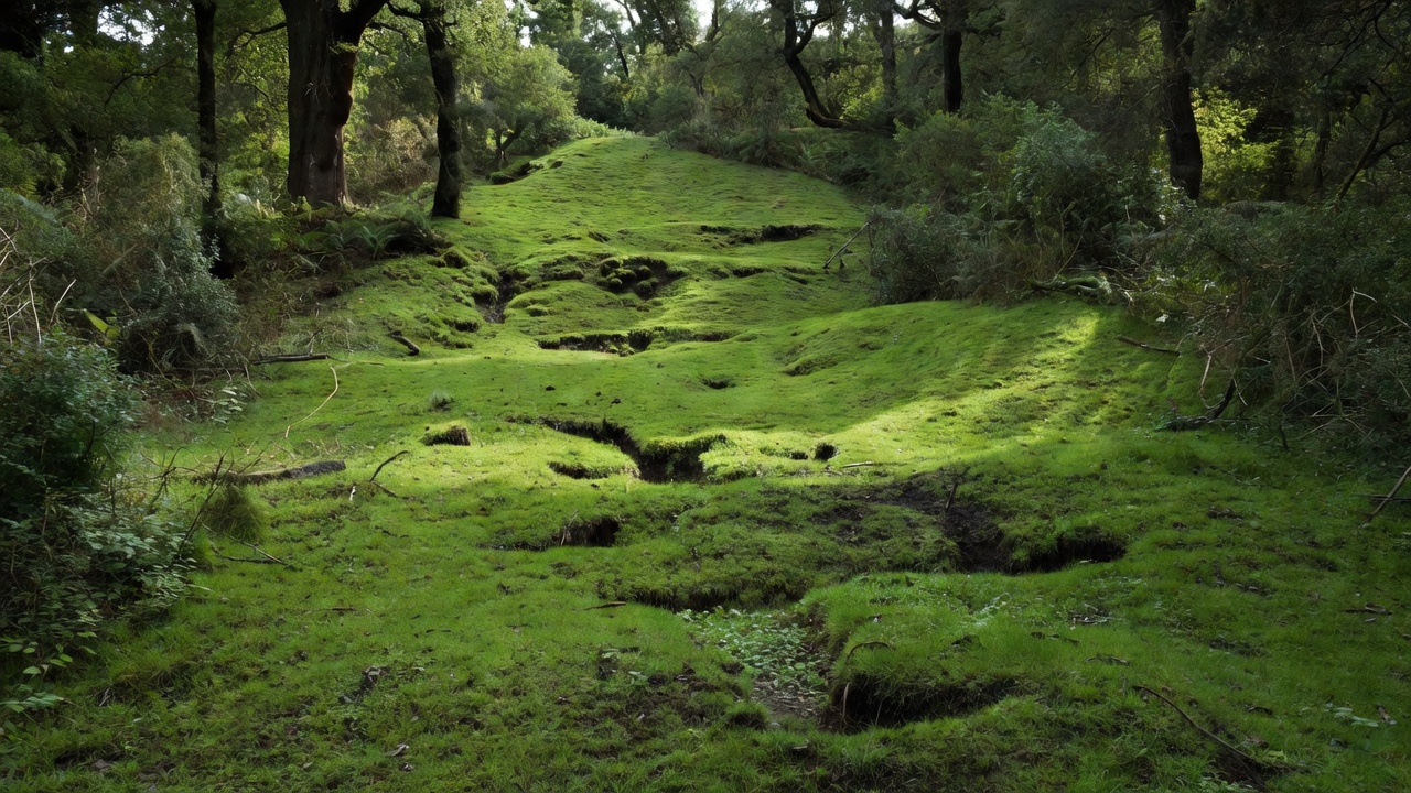 A sloping grass clearing showing changes in grade and surrounding woodland vegetation