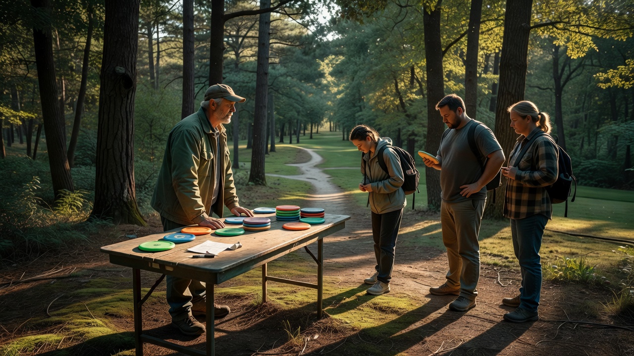 Small tournament check-in and staging area set beside a wooded disc golf course